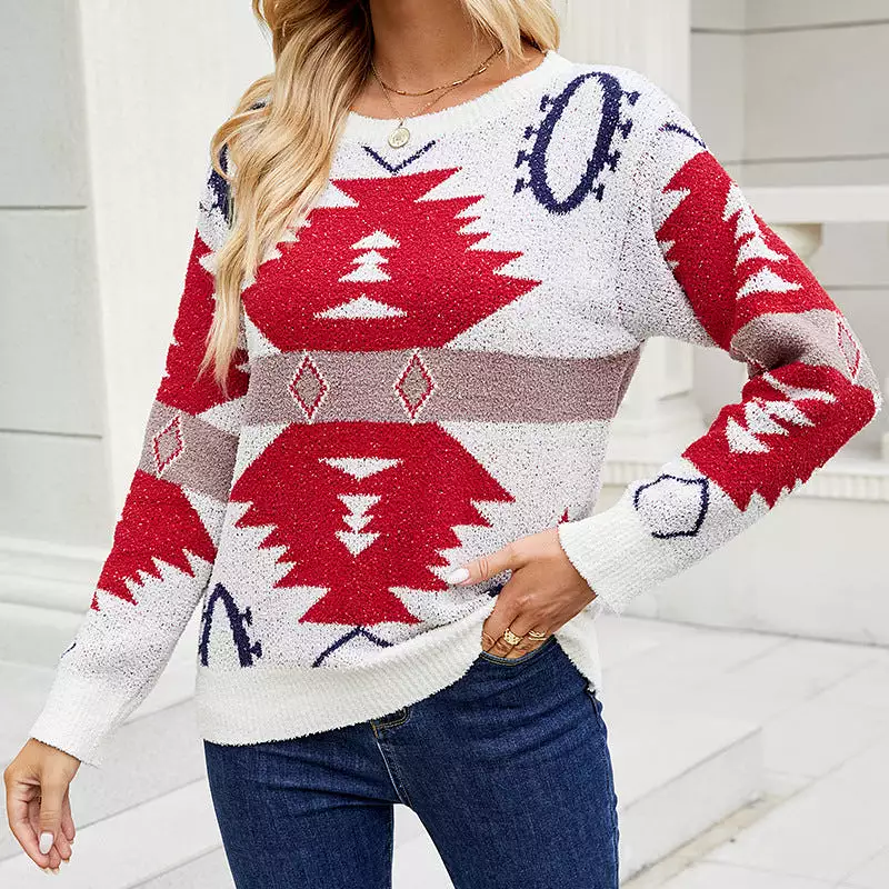 Women Sweaters Kniting Round Collar Pullover Christmas Bicolor