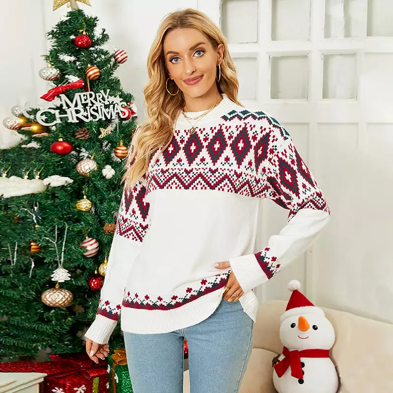 Women Sweaters Kniting Round Collar Pullover Christmas Long Sleeve