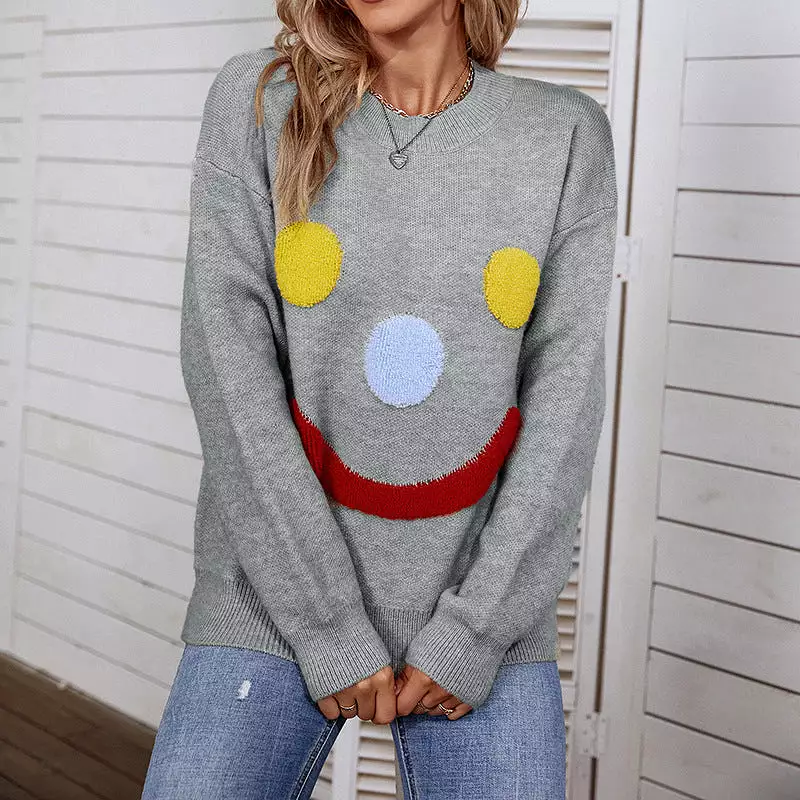 Women Sweaters Kniting Round Collar Pullover Clown Smiling Face Long Sleeve