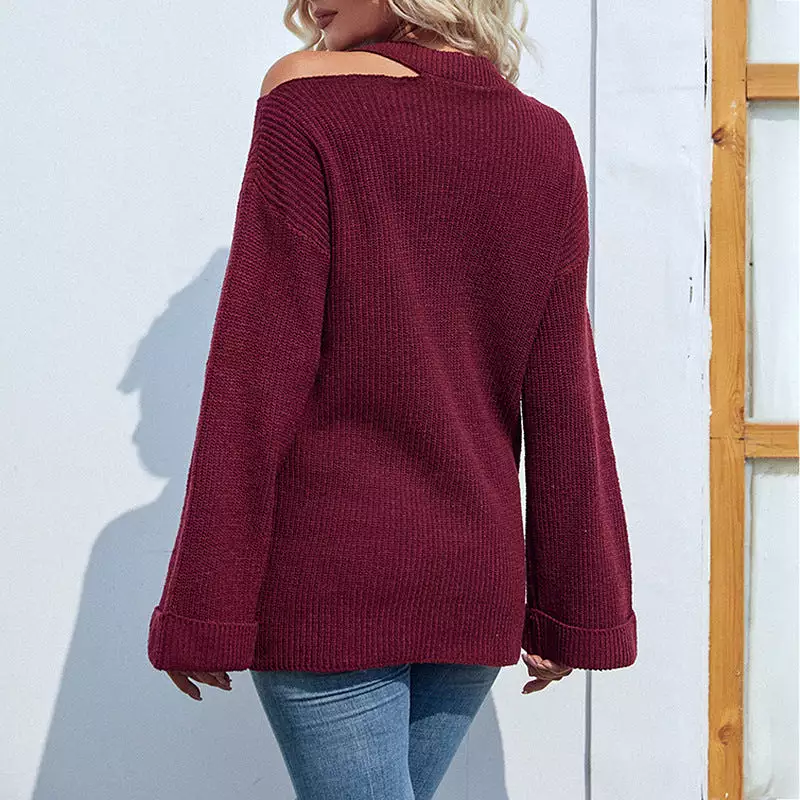 Women Sweaters Kniting Round Collar Pullover Plain Horn Sleeves Long Sleeve