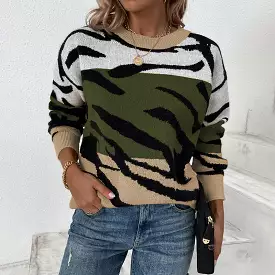 Women Sweaters Kniting Round Collar Pullover Tiger Camo Printed Long Sleeve