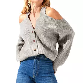 Women's Cardigans Kniting Off Shoulder Buttons Lantern Long Sleeves