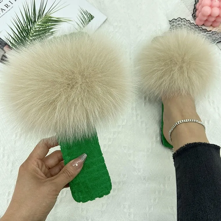 Women's Cream Color Real Fur Slides Cotton Fluffy Flat House Slippers