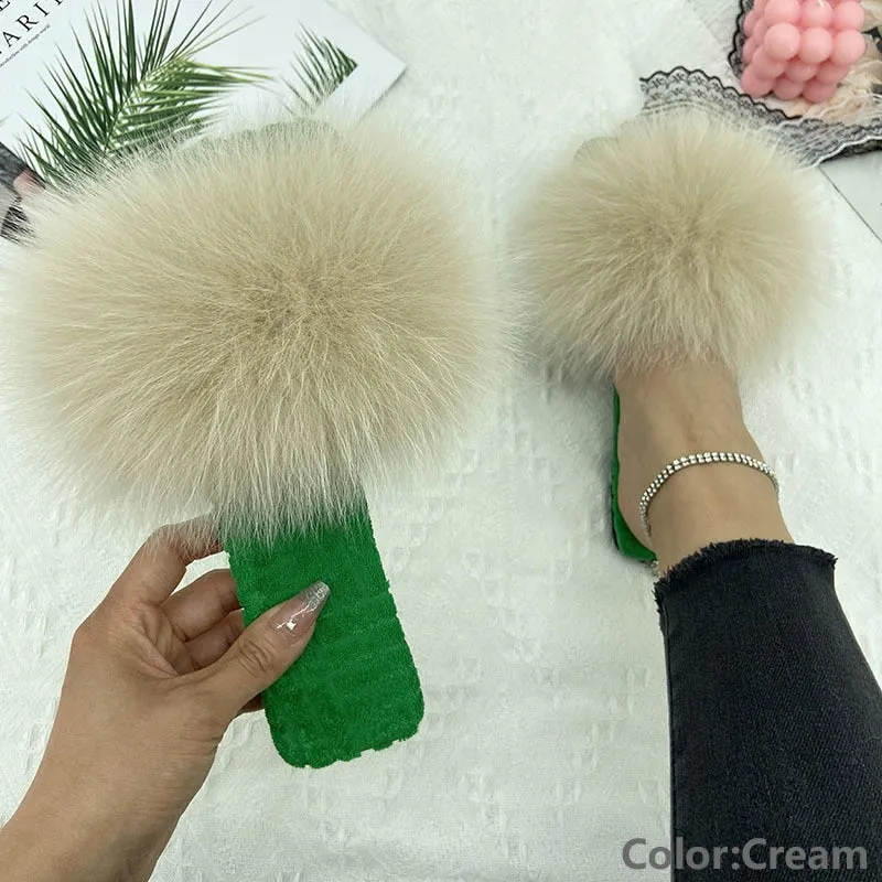 Women's Cream Color Real Fur Slides Cotton Fluffy Flat House Slippers