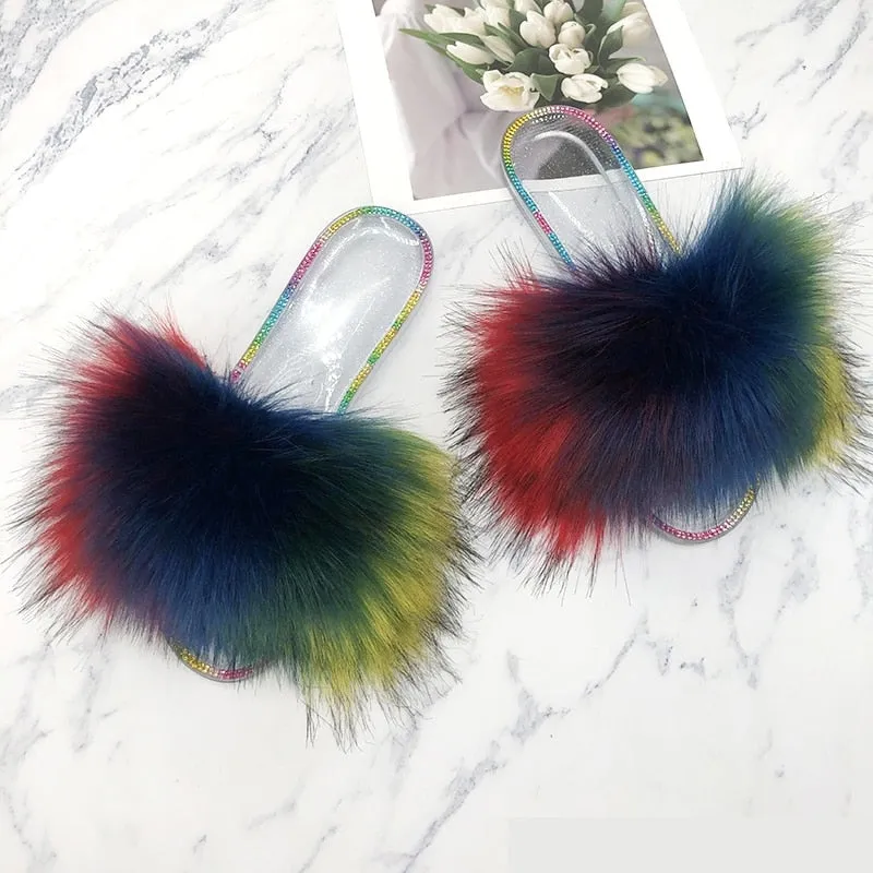 Women's Fashion Summer Colorful Synthetic Fur Slides House Slippers