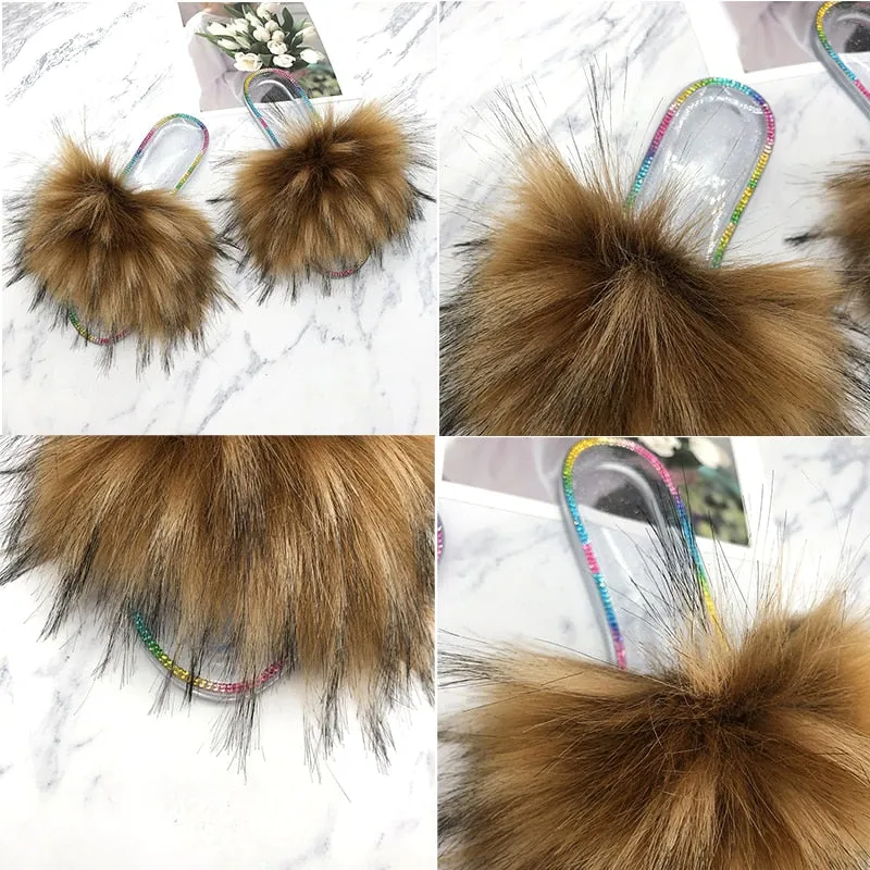 Women's Fashion Summer Colorful Synthetic Fur Slides House Slippers