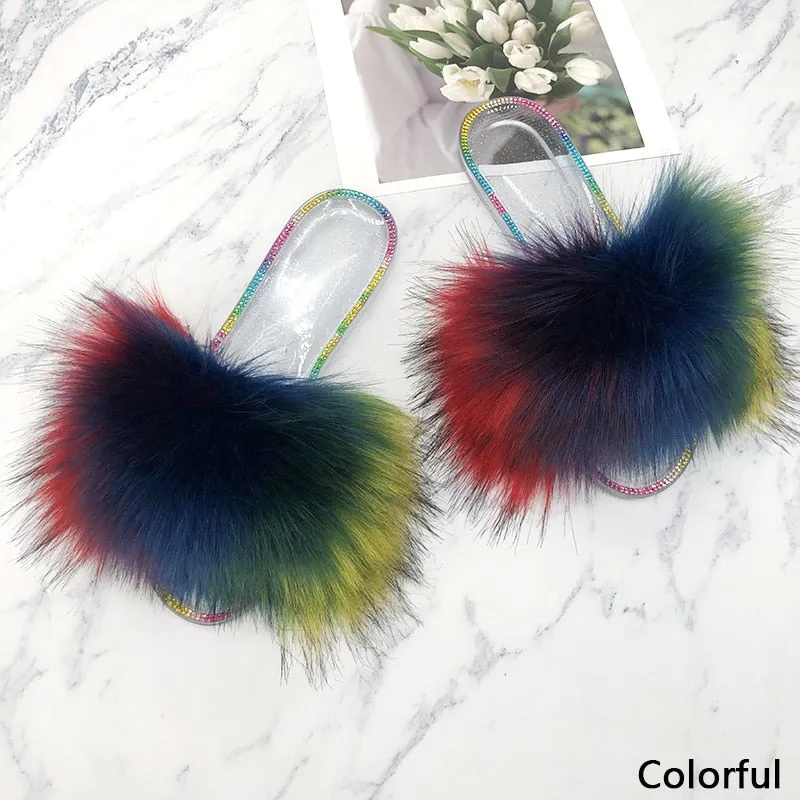 Women's Fashion Summer Colorful Synthetic Fur Slides House Slippers