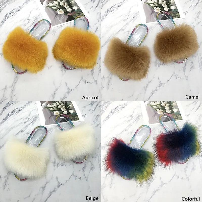 Women's Fashion Summer Colorful Synthetic Fur Slides House Slippers