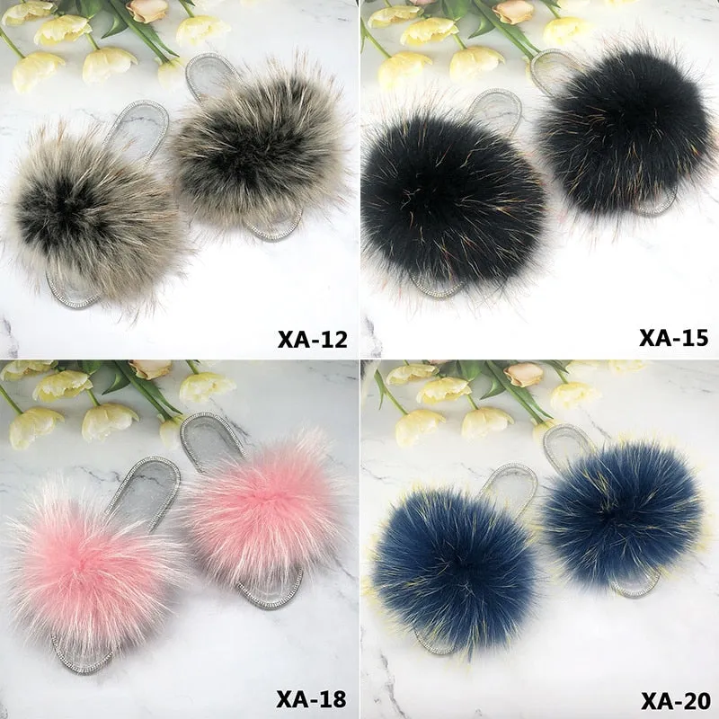 Women's Fashion Summer Fluffy Real Fur Transparent Slides Flip Flop Slippers