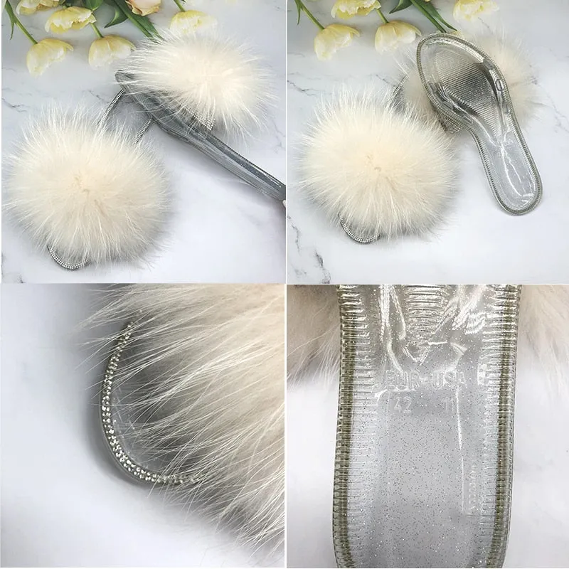 Women's Fashion Summer Fluffy Real Fur Transparent Slides Flip Flop Slippers