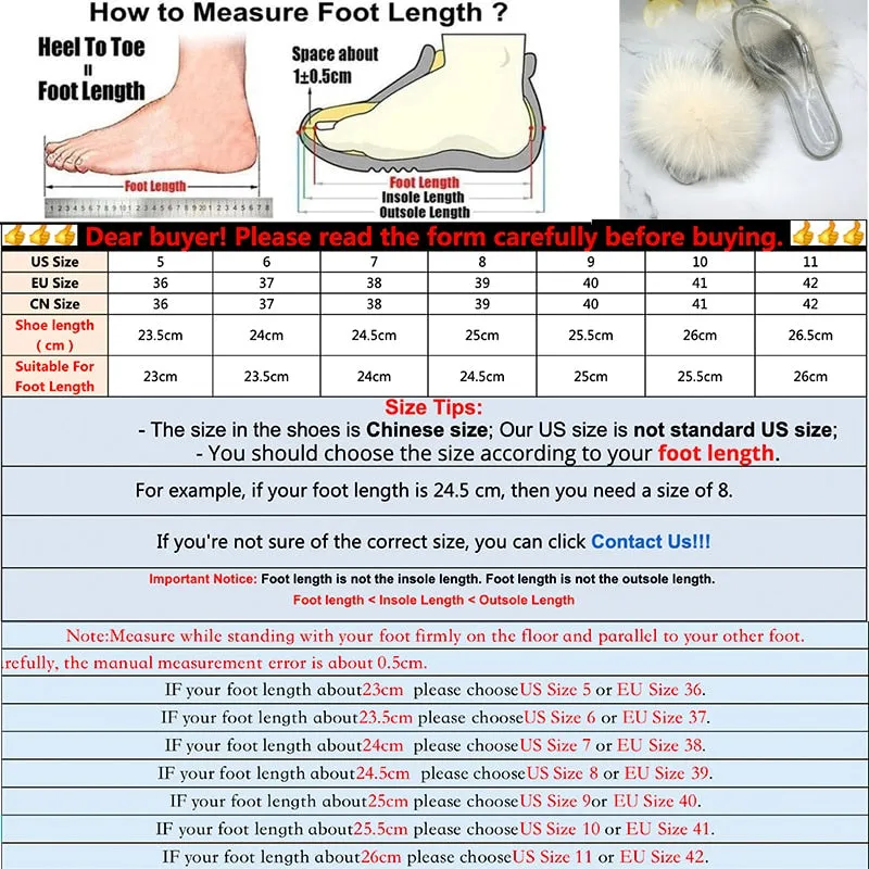 Women's Fashion Summer Fluffy Real Fur Transparent Slides Flip Flop Slippers