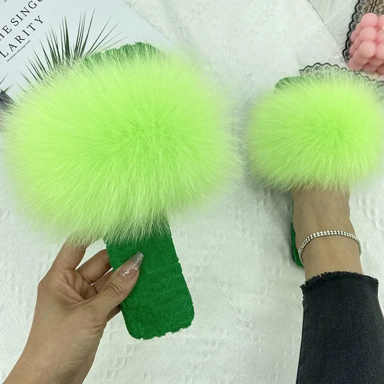 Women's Fluorescent Green Real Fur Slides Cotton Fluffy House Slippers