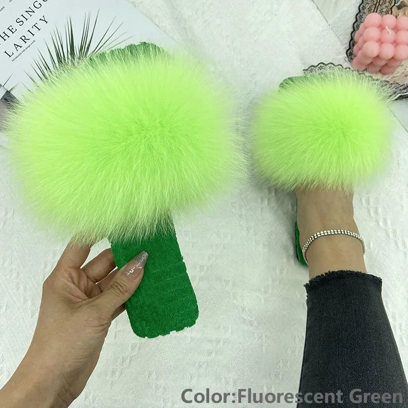 Women's Fluorescent Green Real Fur Slides Cotton Fluffy House Slippers