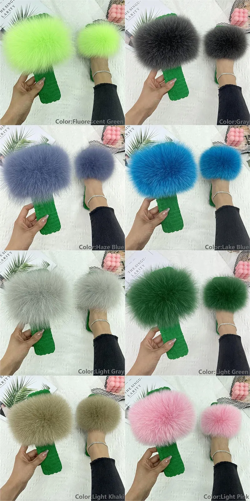 Women's Fluorescent Green Real Fur Slides Cotton Fluffy House Slippers