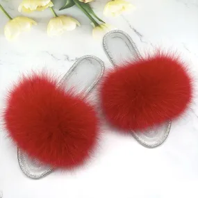 Women's Red Jelly Real Fur Transparent Flip Flop Fluffy Slides House Slippers