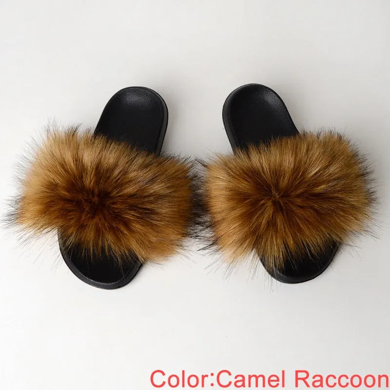 Women's Summer Camel Color Synthetic Fur Fluffy Flat Indoor Slides Slippers