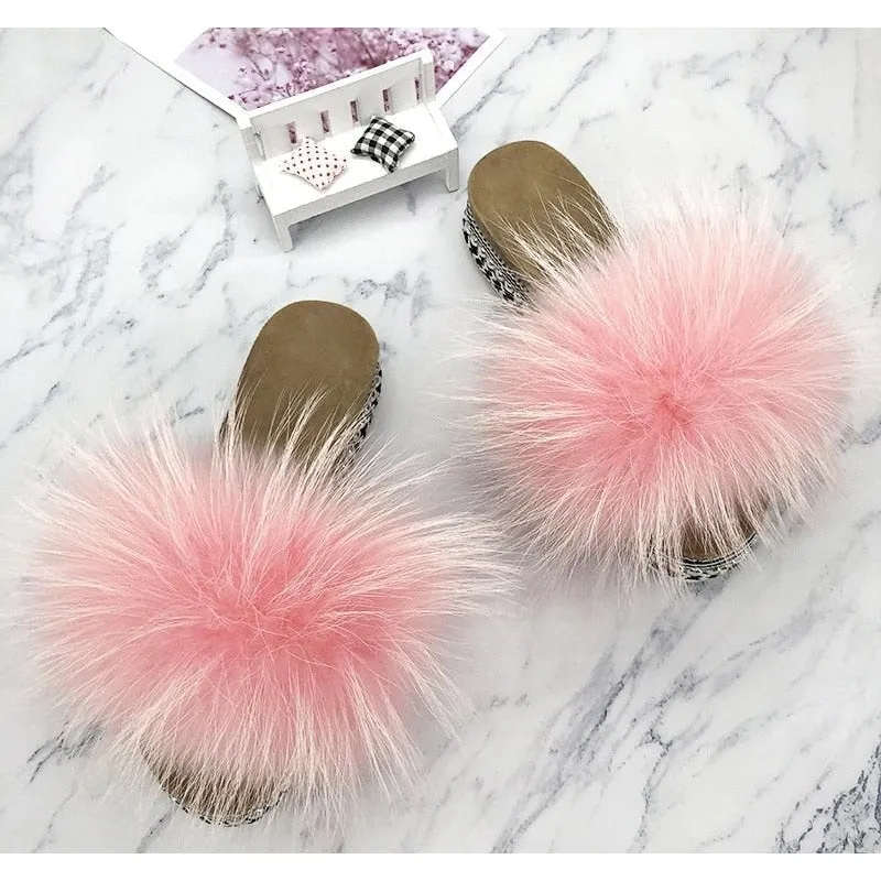 Women's Summer Real Fluffy Fur Rivets Platform Slides House Slippers