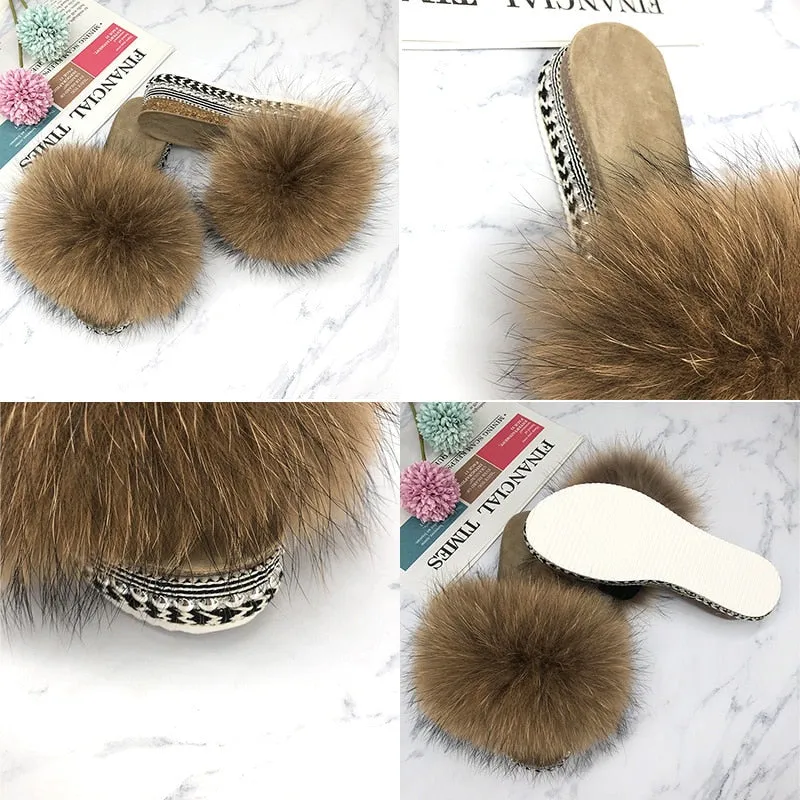 Women's Summer Real Fluffy Fur Rivets Platform Slides House Slippers