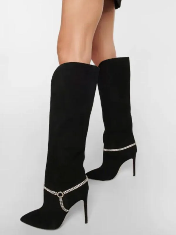 Women's Wide Calf Boots Suede Black Heel Knee High Boots