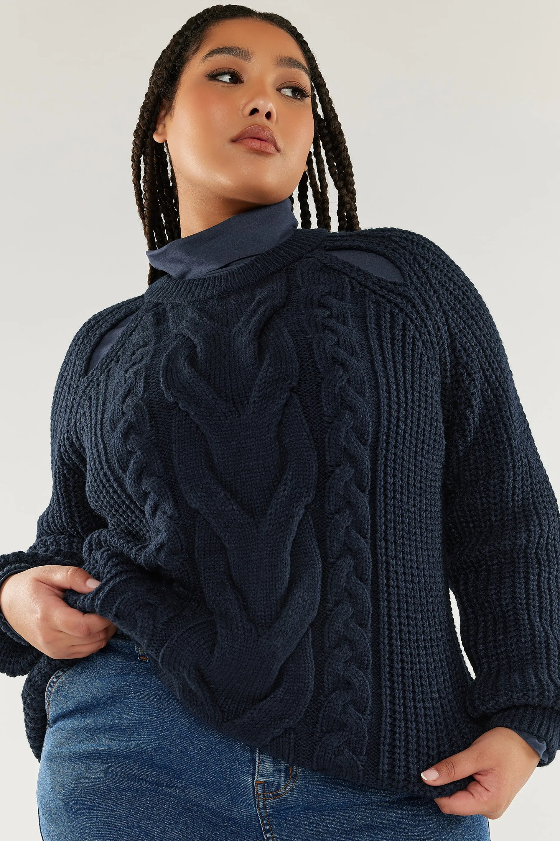 YOURS Curve Navy Blue Cable Knit Cut Out Jumper