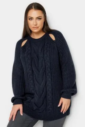 YOURS Curve Navy Blue Cable Knit Cut Out Jumper