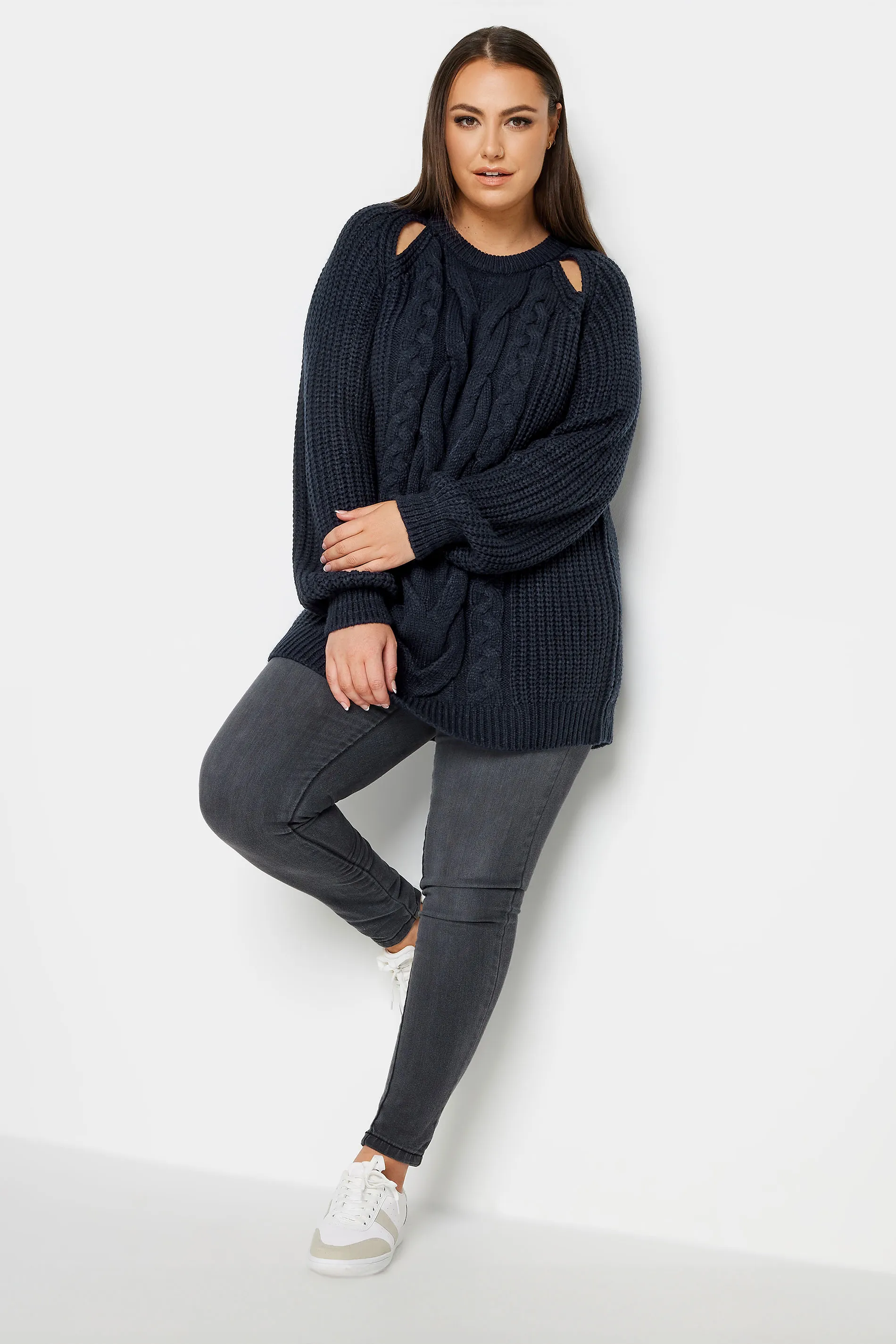 YOURS Curve Navy Blue Cable Knit Cut Out Jumper