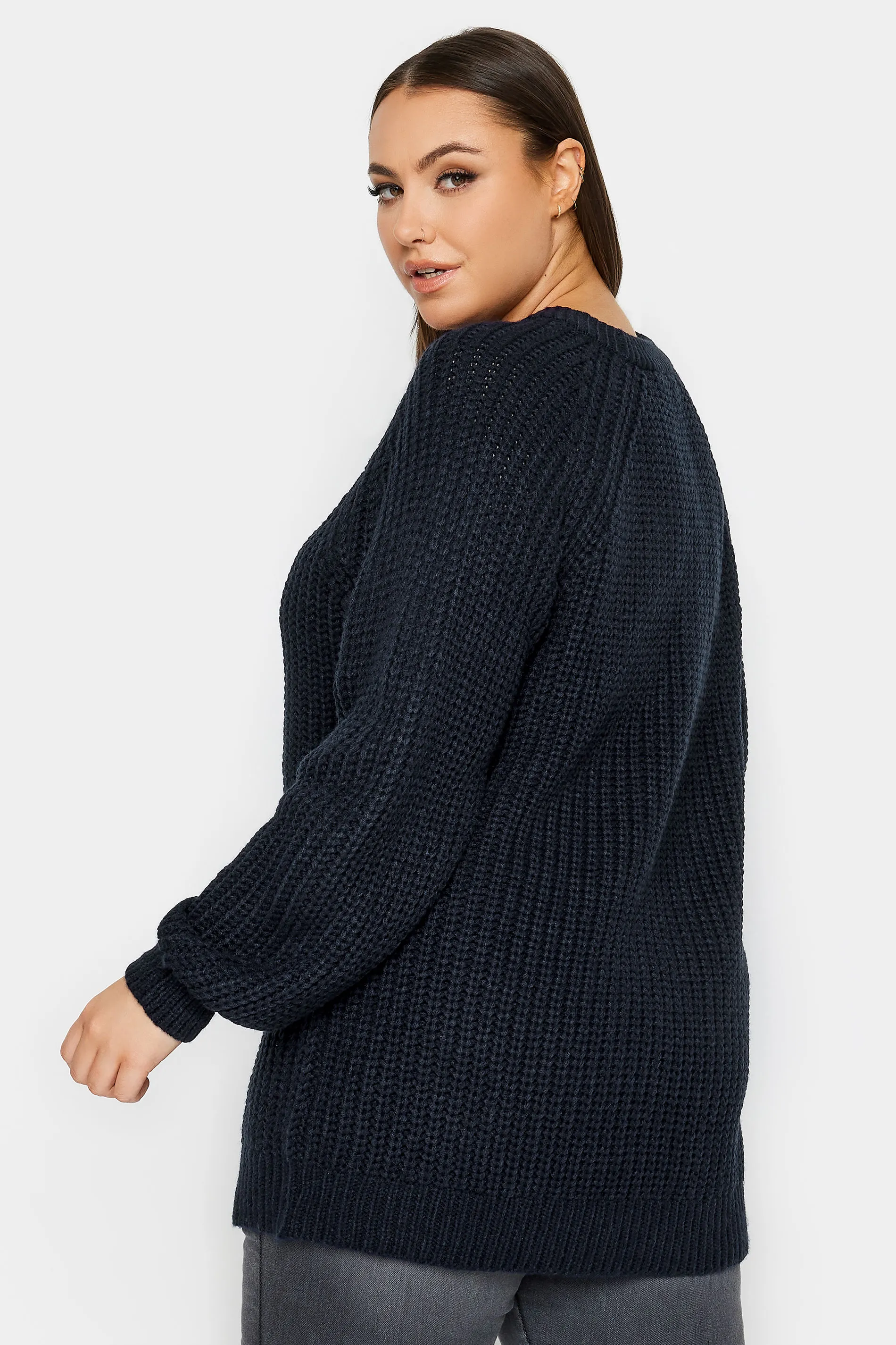 YOURS Curve Navy Blue Cable Knit Cut Out Jumper